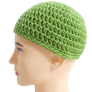 Green Wool Skull Cap OS Warm Soft Hat Handmade Crochet Hand Knit 6.5" Long NWT